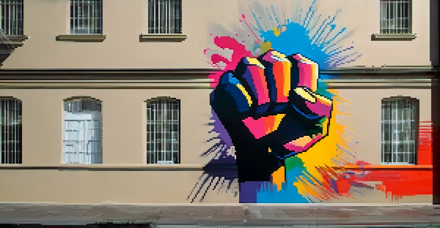 A striking street art image of a raised fist painted in vibrant colors against an urban wall, symbolizing strength and resistance.