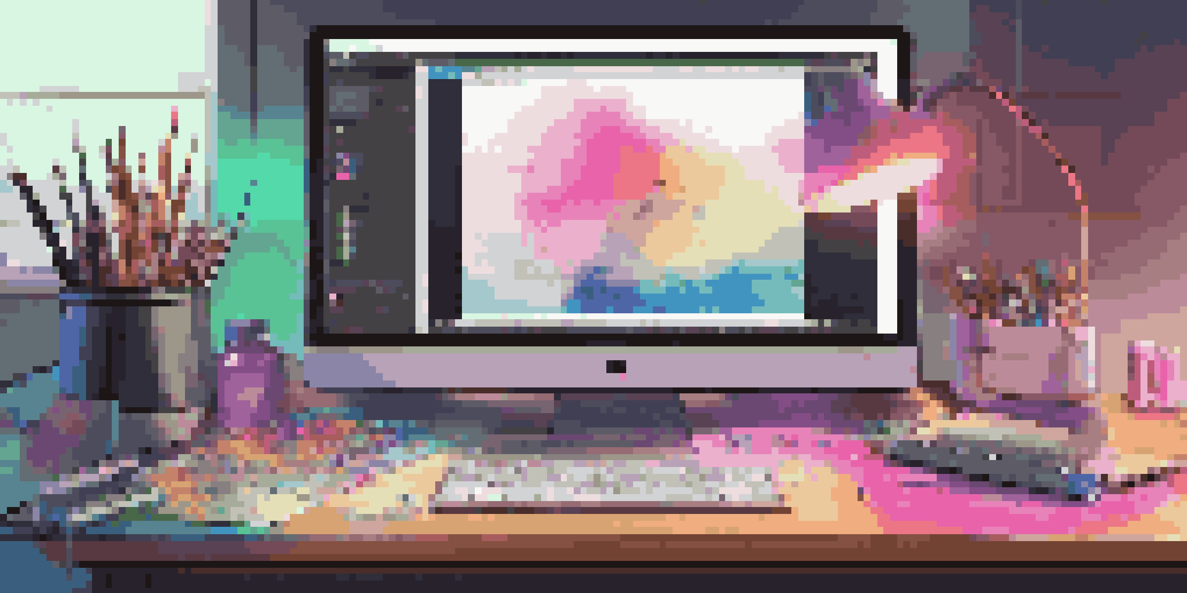 A close-up view of a digital artist's workstation with a tablet displaying colorful digital art, organized art supplies, and a softly glowing light.