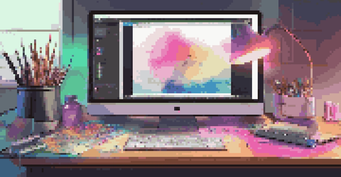 A close-up view of a digital artist's workstation with a tablet displaying colorful digital art, organized art supplies, and a softly glowing light.