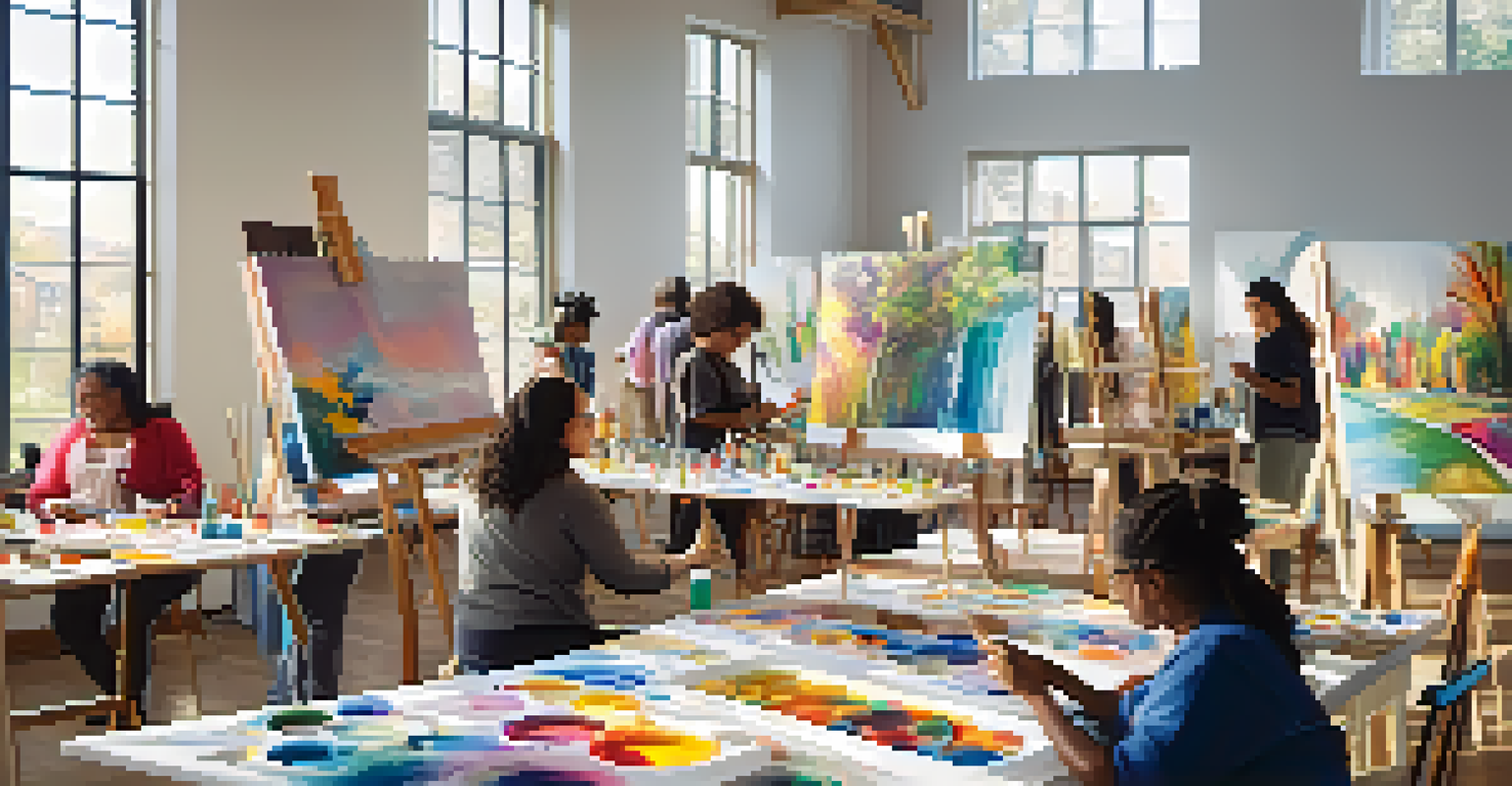 A community workshop with people of different ages painting on canvases, creating a lively and colorful atmosphere.