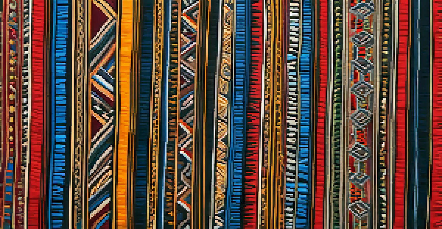 A close-up view of a colorful traditional textile featuring intricate patterns, highlighting the texture and craftsmanship.