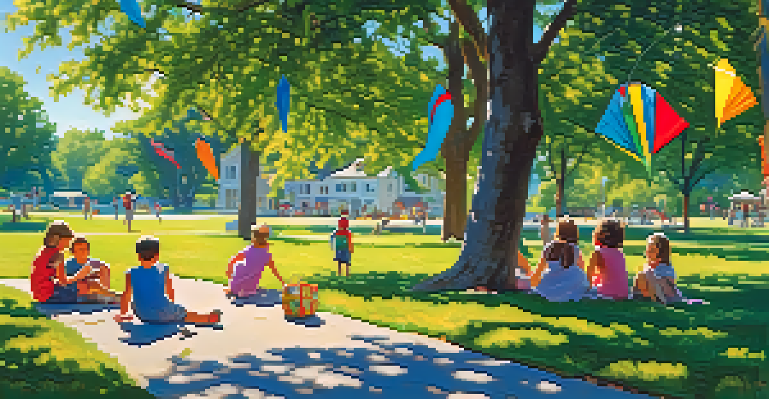 Children playing in a sunny suburban park, with colorful kites flying and families enjoying picnics under shaded trees.