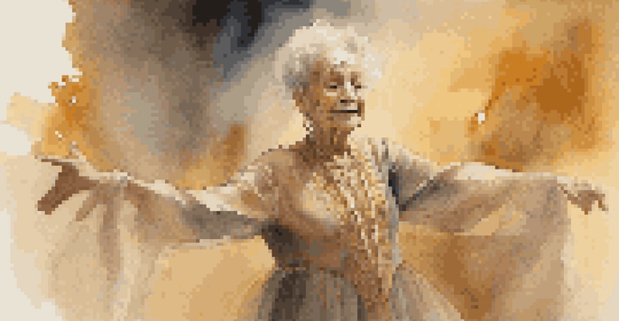 An elderly dancer on stage with warm lighting, showcasing the beauty of aging through expressive movements.