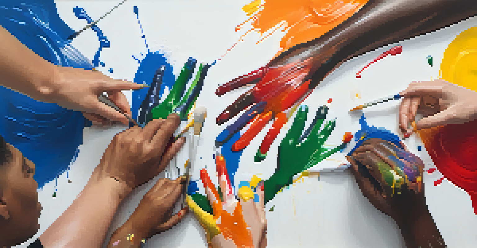 Close-up of diverse hands working together on a large painted canvas, showcasing collaboration and creativity.