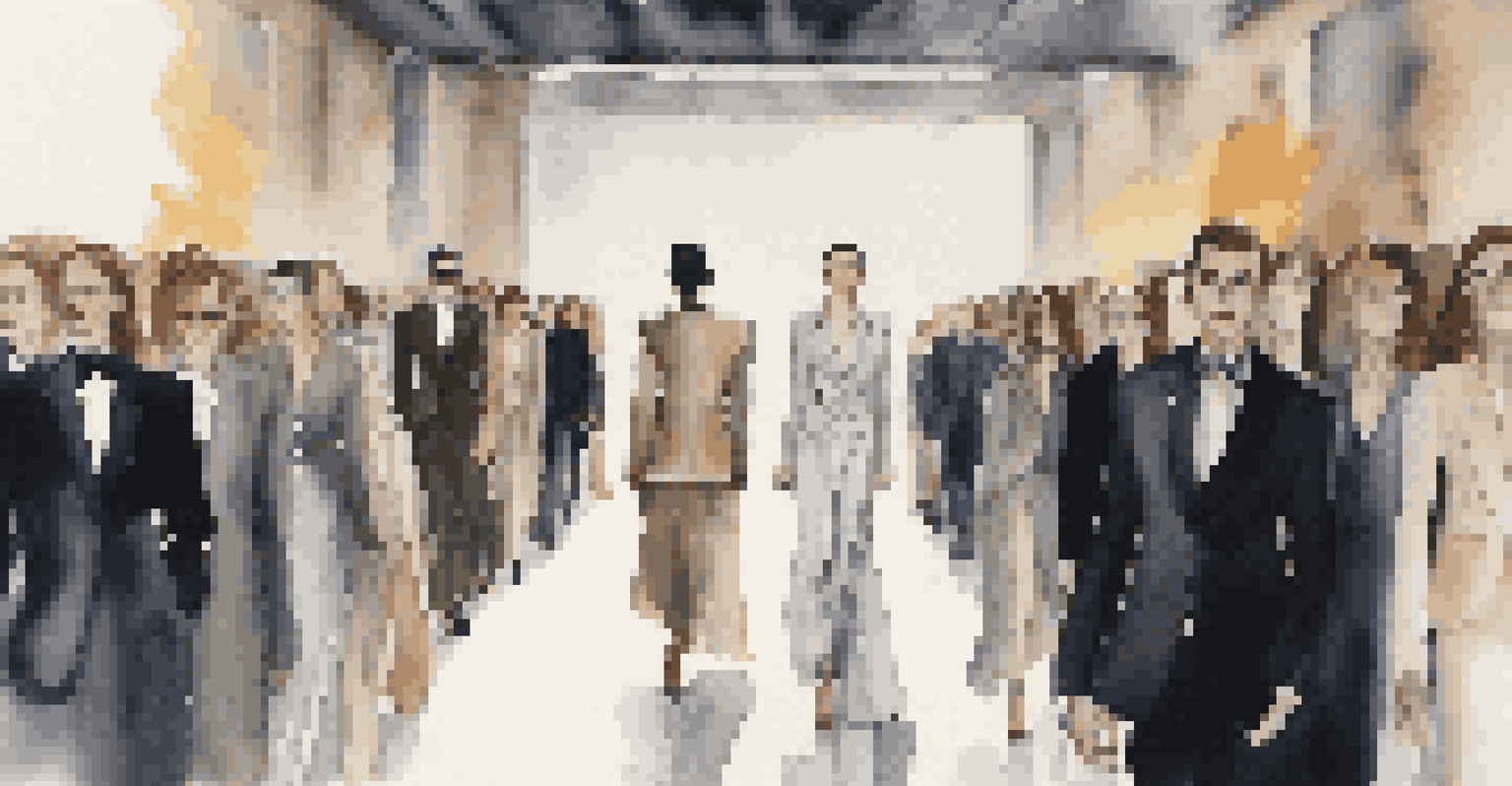 Androgynous models on a runway wearing a blend of tailored suits and flowing dresses, with dramatic lighting highlighting the fabrics.