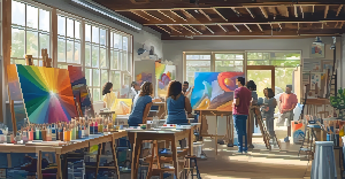A group of artists working together in a suburban garage, surrounded by art supplies and colorful paints, with sunlight streaming in.