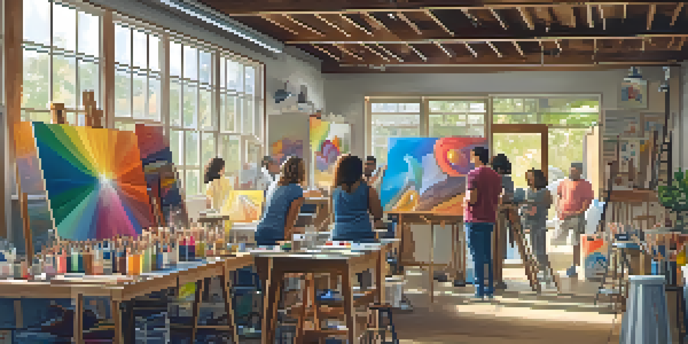 A group of artists working together in a suburban garage, surrounded by art supplies and colorful paints, with sunlight streaming in.