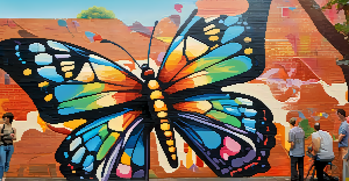 A colorful mural of a butterfly on a brick wall with people admiring it.