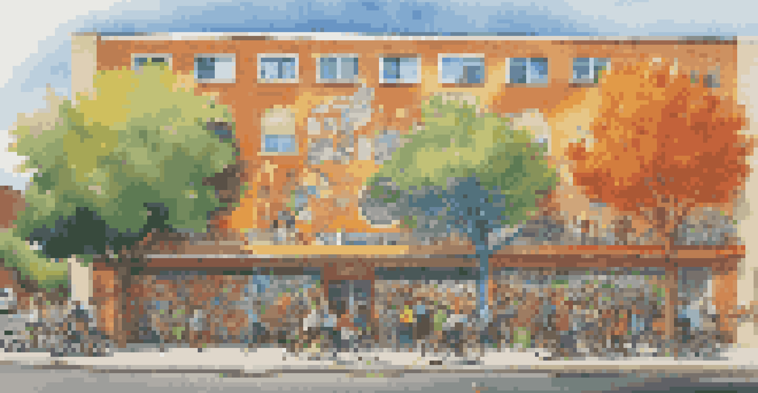 A colorful community mural on a building, illustrating sustainability themes with trees, recycling symbols, and people working together, illuminated by sunlight.