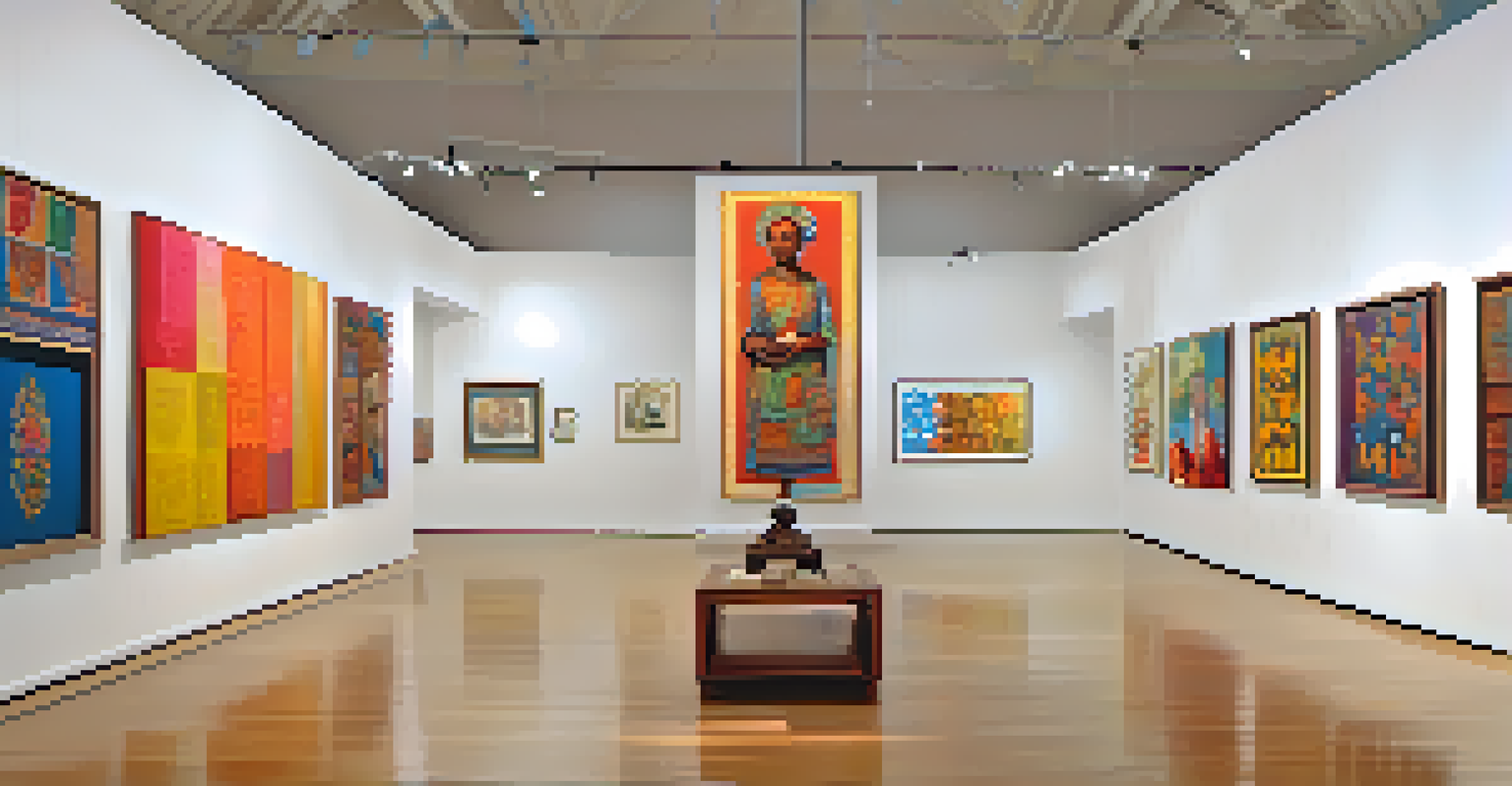 An art gallery filled with diverse artworks showcasing global folklore, with visitors discussing.