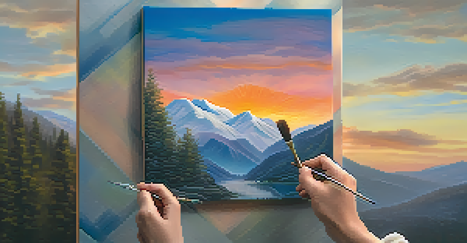 A close-up view of a hand holding a paintbrush, painting a colorful sunset landscape on a canvas.