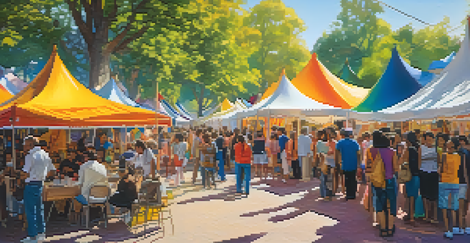 A lively art festival with diverse artists and colorful tents, showcasing various cultural artworks under the sunlight.