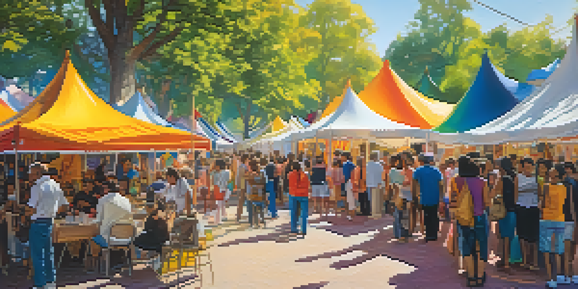 A lively art festival with diverse artists and colorful tents, showcasing various cultural artworks under the sunlight.