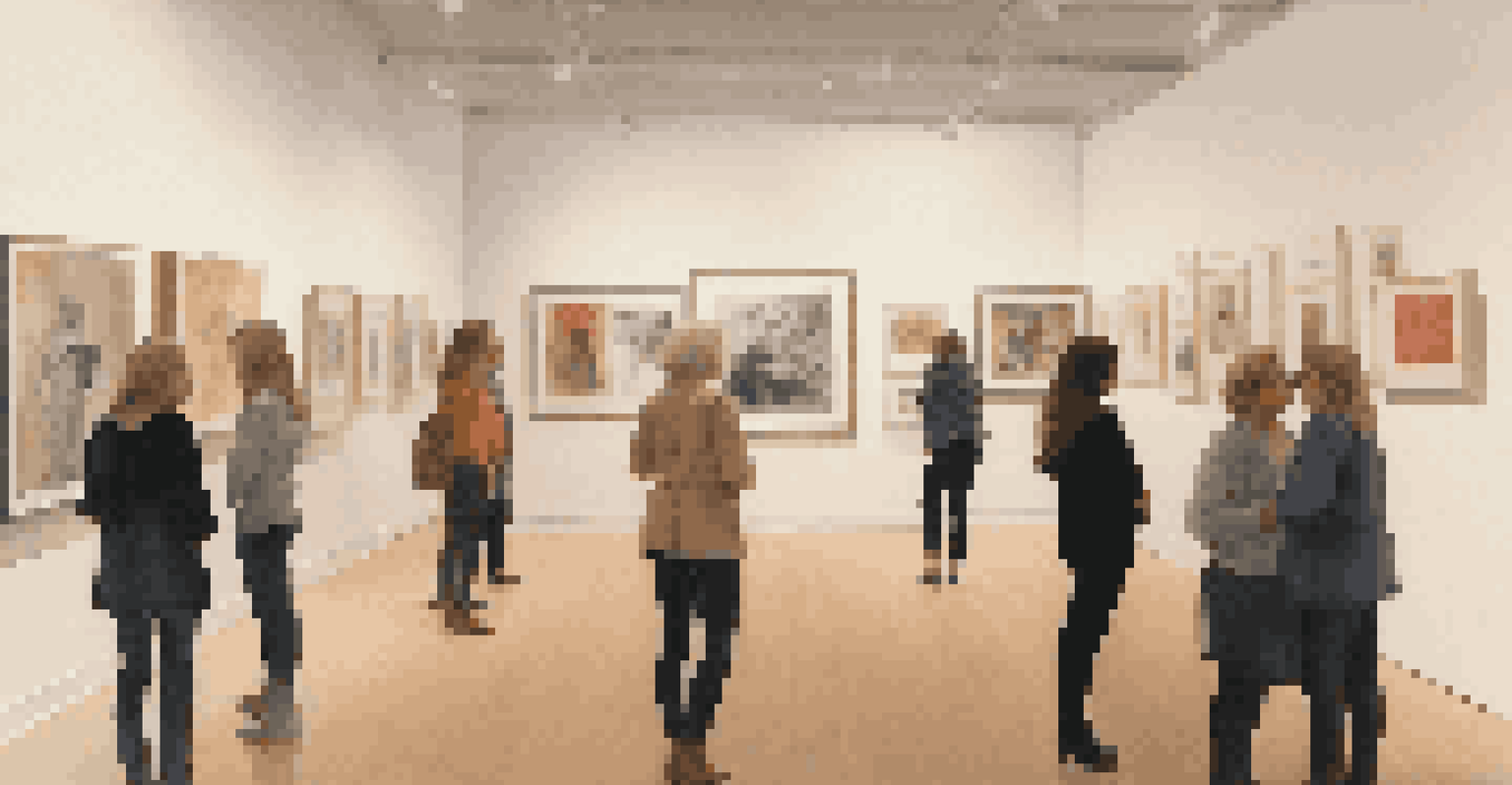 A gallery with photographs of feminist artists in their studios, warmly lit with visitors admiring the artwork.