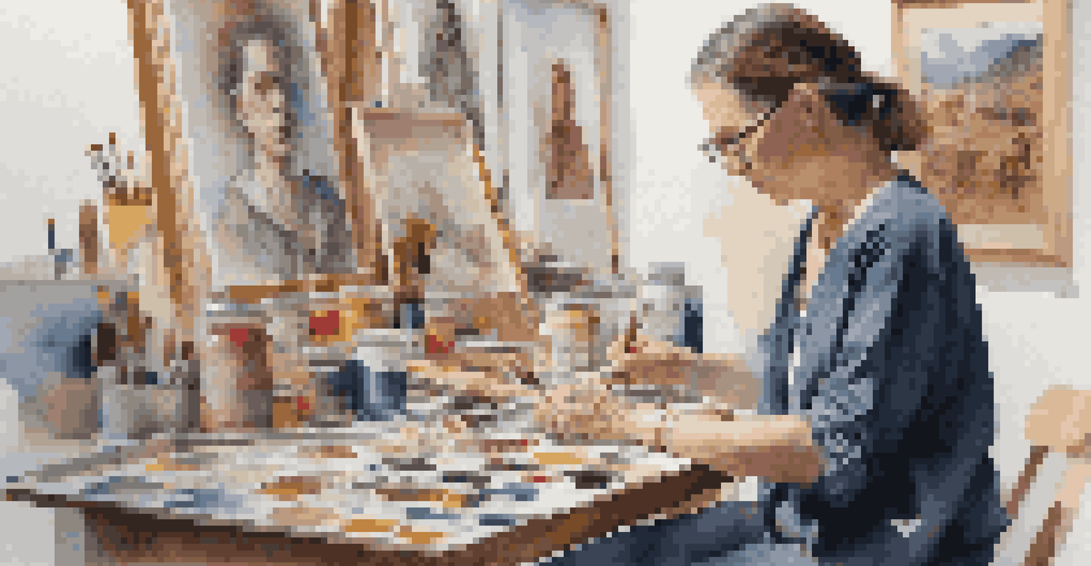 An artist working in a colorful studio filled with art supplies and cultural artifacts, creating a mixed media artwork that merges tradition and modernity.