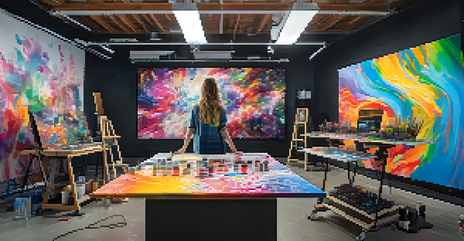 An artist in a modern studio using augmented reality tools to create immersive artwork, with vibrant paints and digital canvases around.