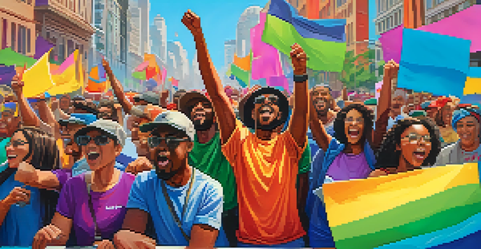 A lively scene of a diverse group of people protesting in a city, with colorful signs and a vibrant urban backdrop.