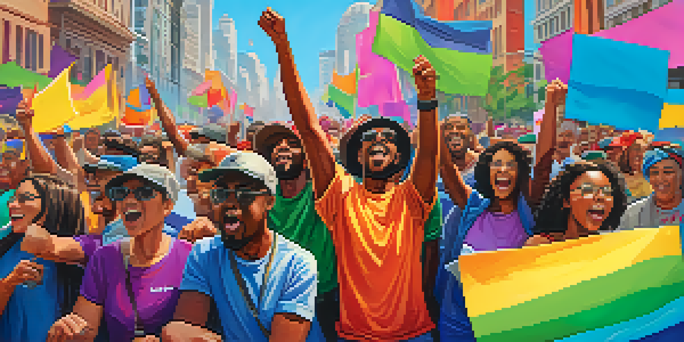 A lively scene of a diverse group of people protesting in a city, with colorful signs and a vibrant urban backdrop.