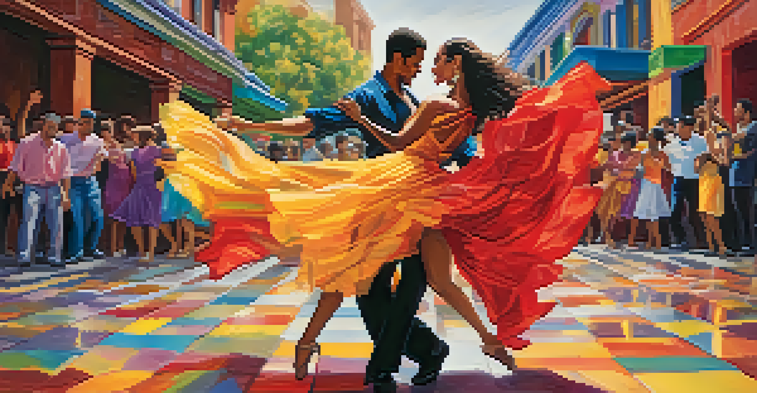 Two salsa dancers in colorful costumes, dancing against a lively mural that reflects their movements.