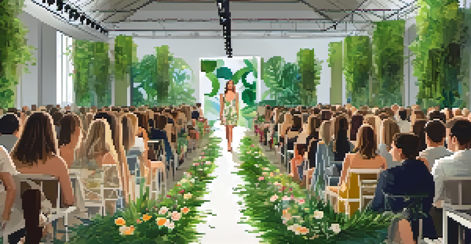 A fashion runway show with models wearing eco-friendly designs made from recycled materials, surrounded by plants.