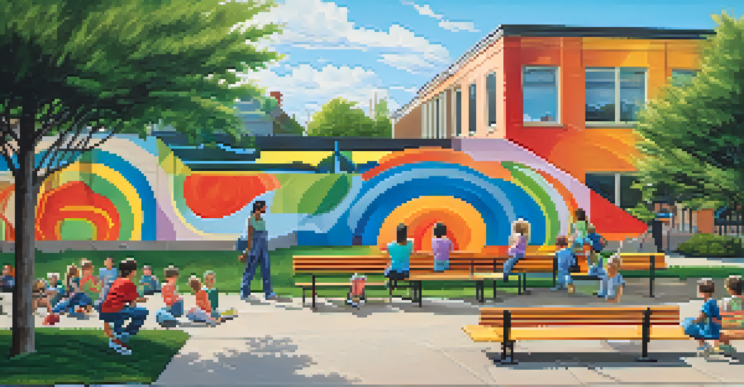 A vibrant public mural on a suburban building with children playing in a park and neighbors chatting.