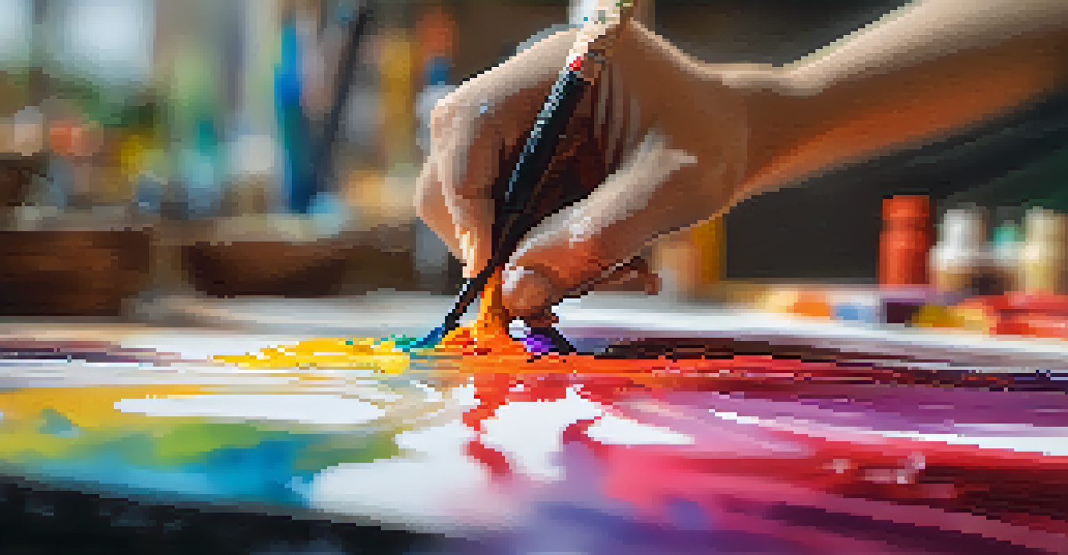 An artist's hand painting on a canvas with vibrant colors and textures.