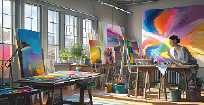 A digital art studio with an artist painting on a canvas, surrounded by colorful artworks and sunlight streaming through windows.
