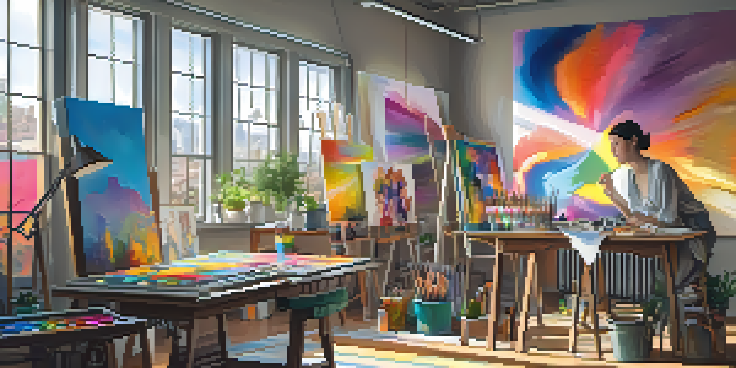 A digital art studio with an artist painting on a canvas, surrounded by colorful artworks and sunlight streaming through windows.