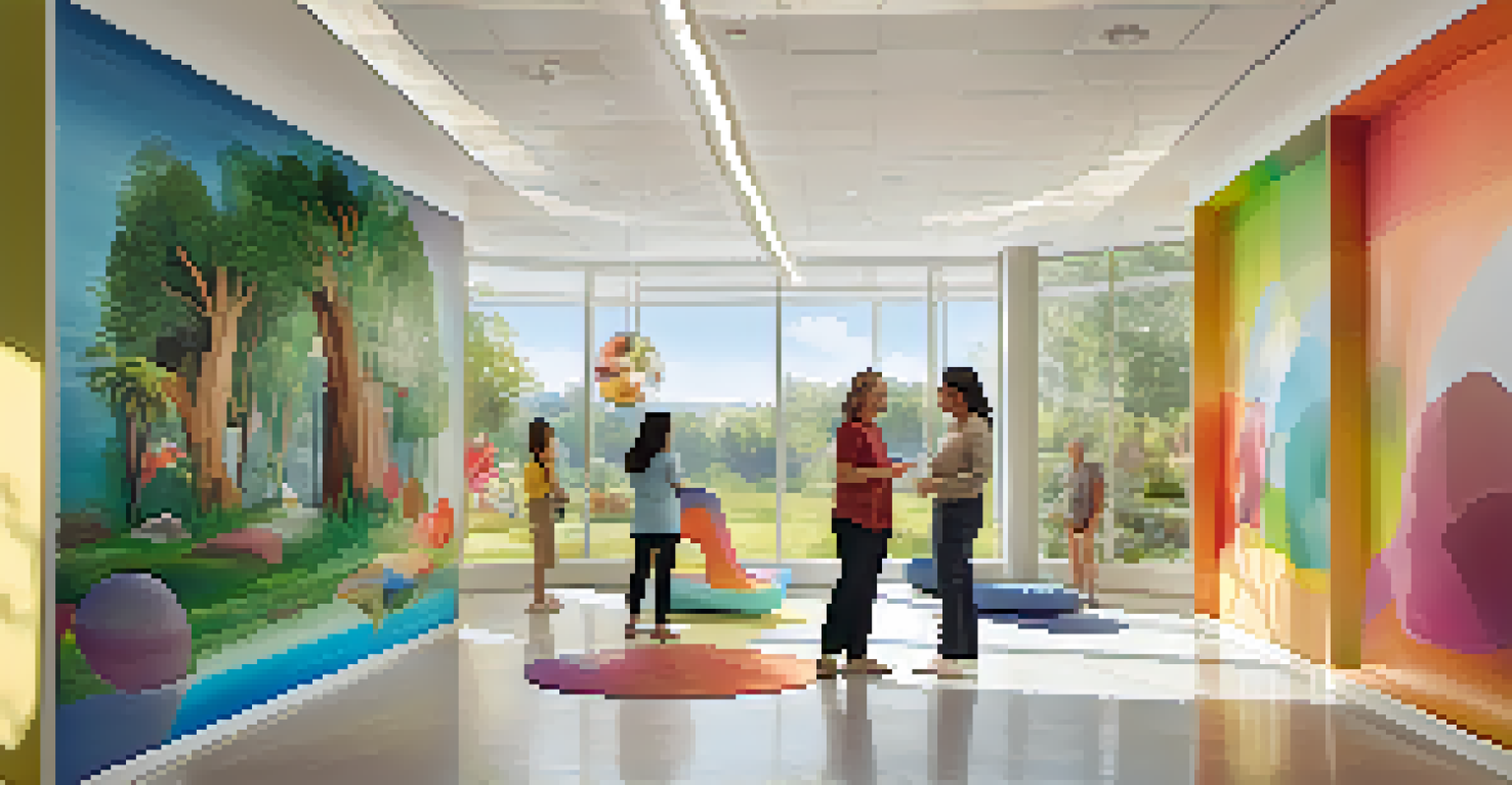 Patients interacting with colorful sculptures in a bright wellness center filled with natural light and nature-themed artwork.
