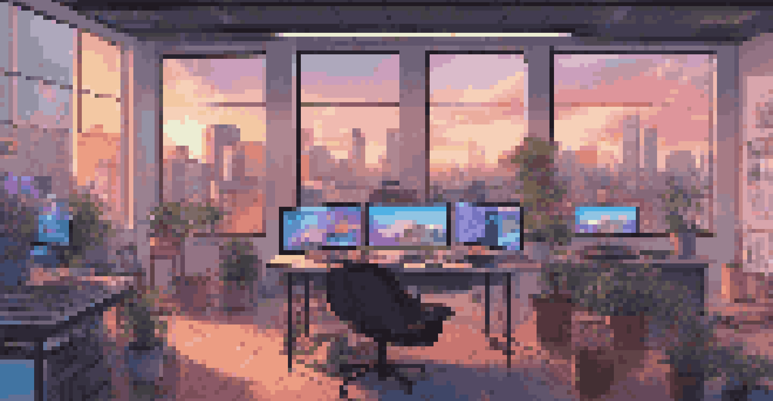 A digital art studio with multiple screens showing digital artworks, modern workspace, and a city skyline outside the window.