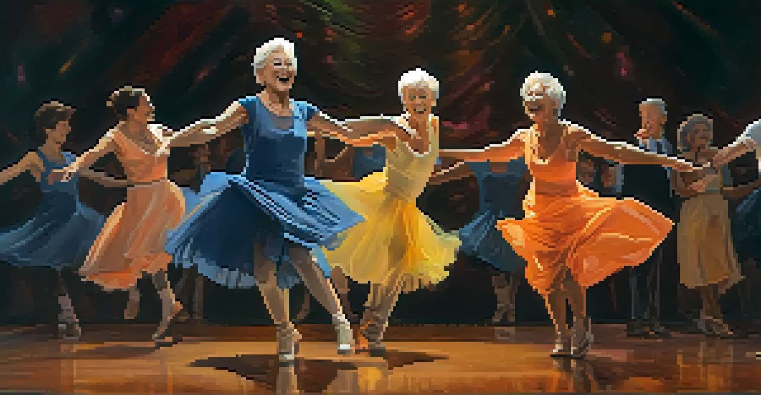 Older dancers performing on stage, showcasing joy and strength with vibrant abstract art in the background.