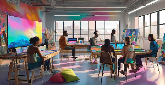 A diverse group of artists working together in a bright studio, surrounded by colorful art supplies and digital screens displaying NFTs.
