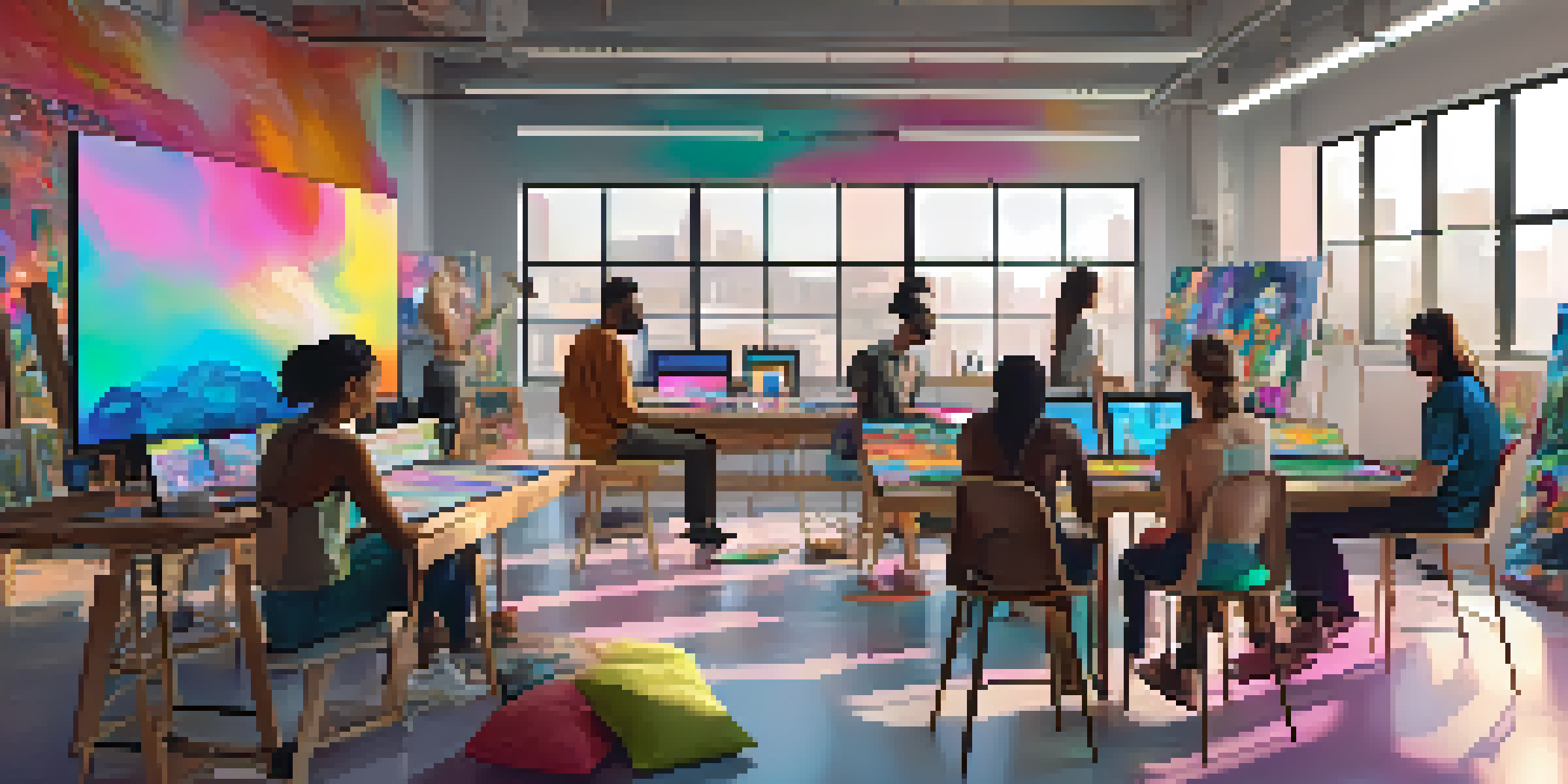 A diverse group of artists working together in a bright studio, surrounded by colorful art supplies and digital screens displaying NFTs.