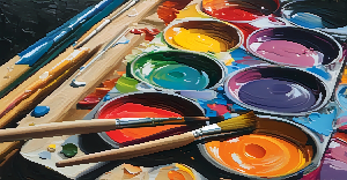A detailed close-up of an artist's palette with thick, vibrant paints and brushes on a wooden table, with a canvas in the background.