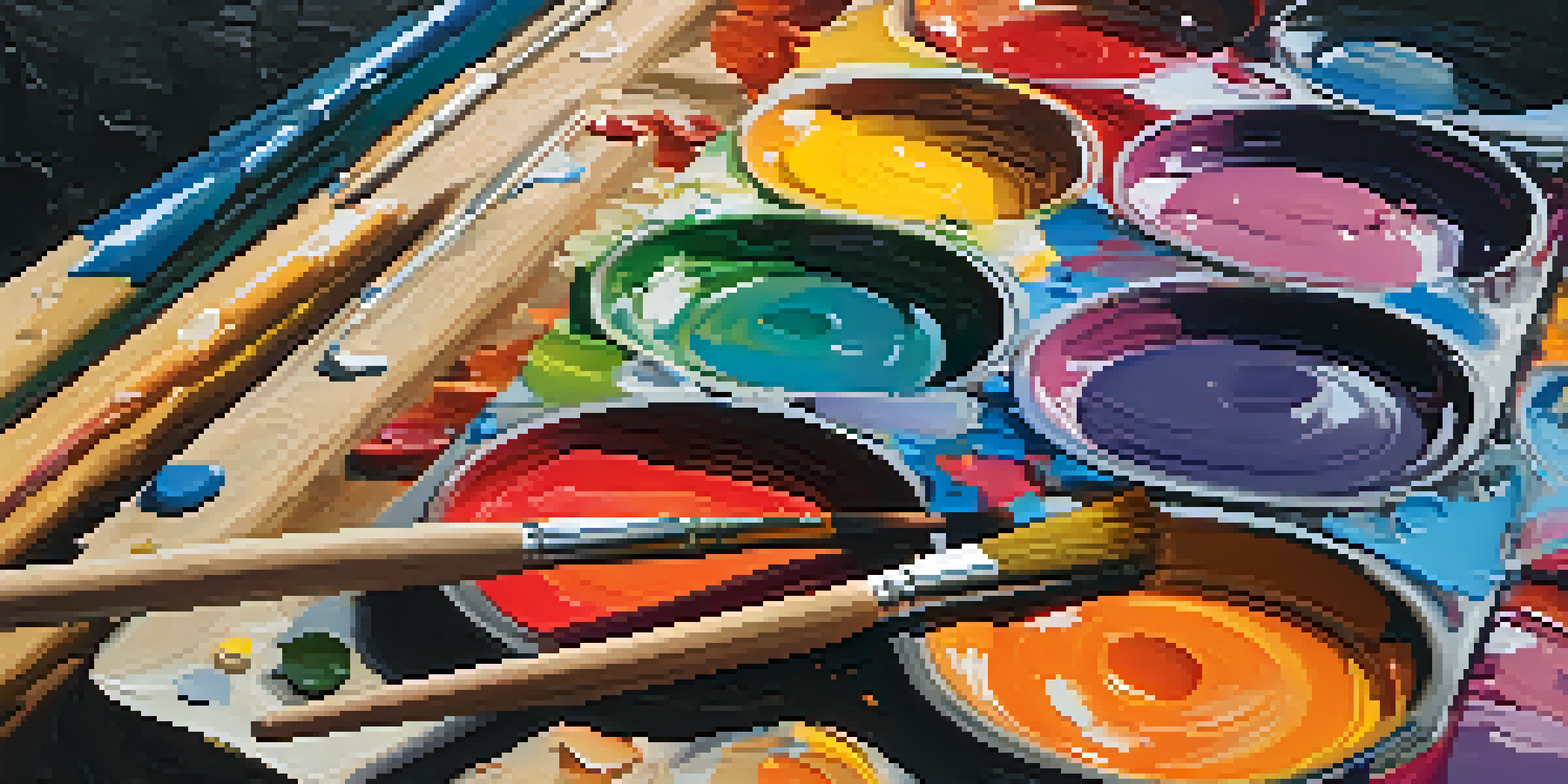 A detailed close-up of an artist's palette with thick, vibrant paints and brushes on a wooden table, with a canvas in the background.