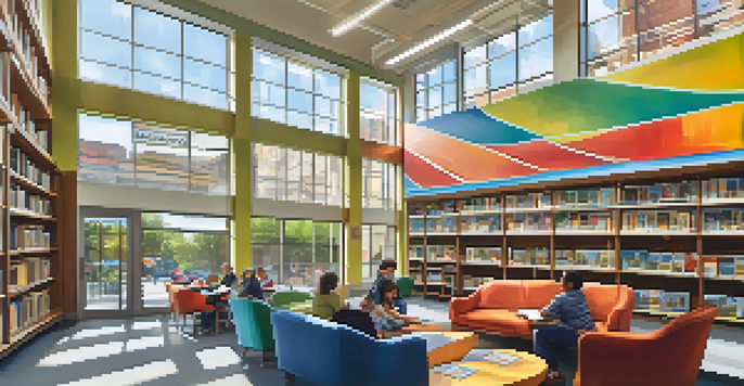 An inviting interior of a public library filled with colorful murals that tell local stories, with bright natural light illuminating cozy reading areas.