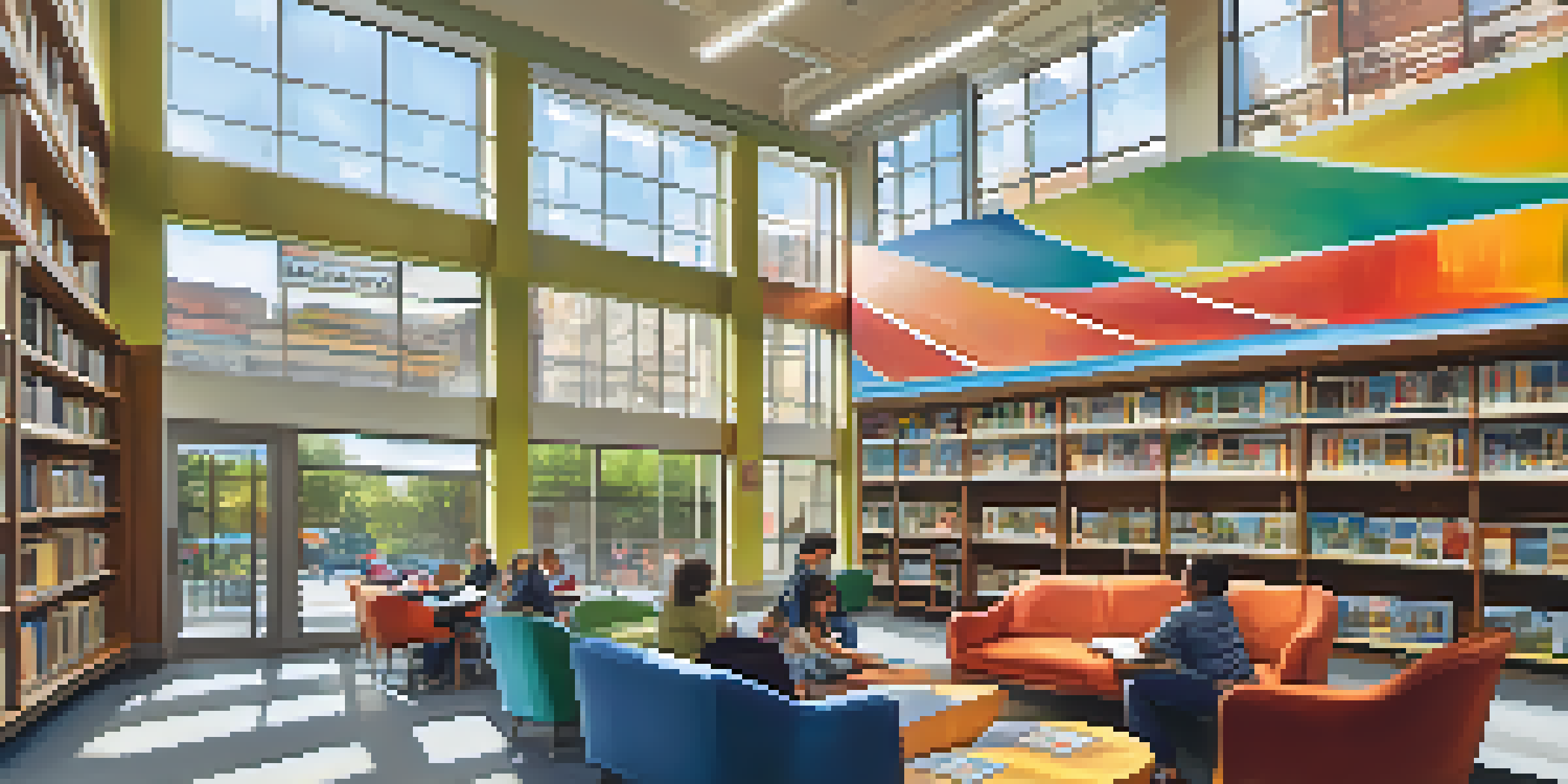 An inviting interior of a public library filled with colorful murals that tell local stories, with bright natural light illuminating cozy reading areas.
