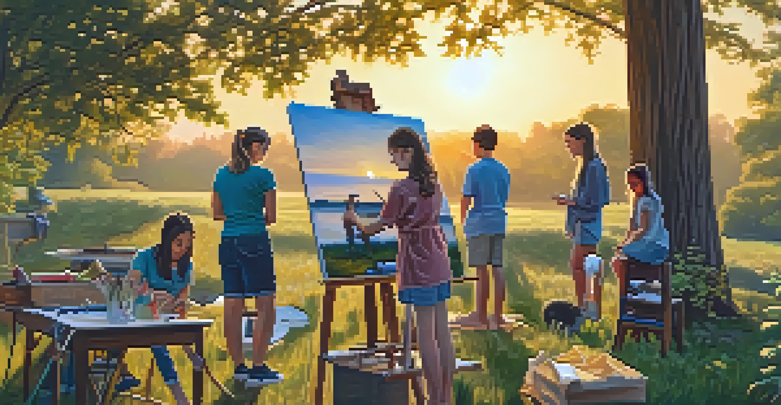 A peaceful outdoor art workshop with young artists painting a landscape scene at sunset, surrounded by nature.