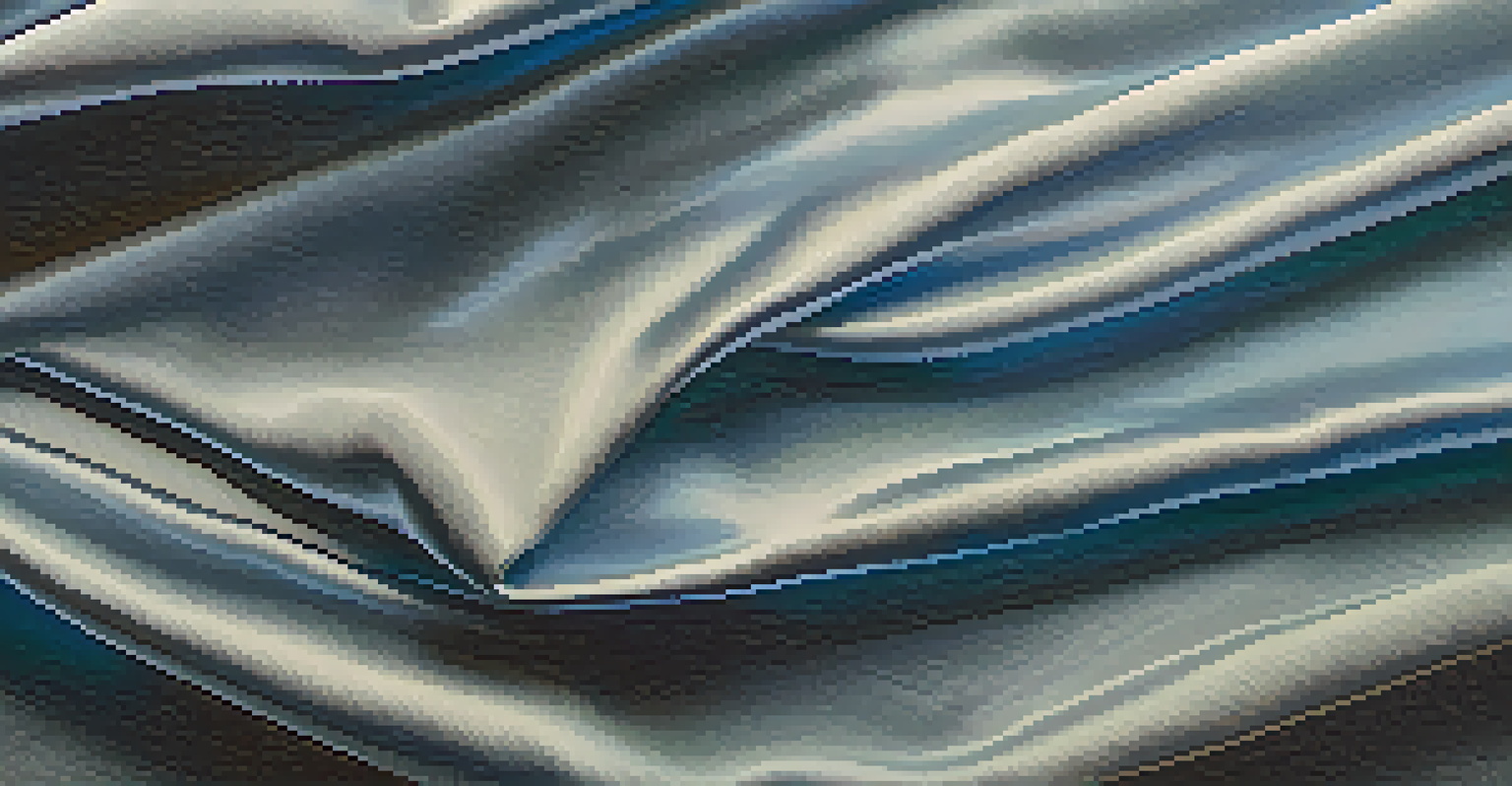 A close-up of a textured silk fabric artwork in blue and white shades, illuminated softly.