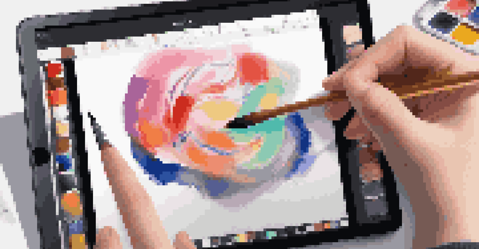 A close-up of a student's hand using a digital painting app on a tablet, creating an abstract artwork with vibrant colors.
