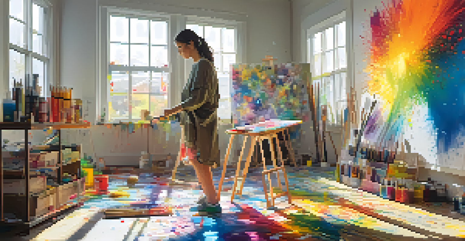An artist passionately painting in a colorful studio, surrounded by art supplies and sunlight.