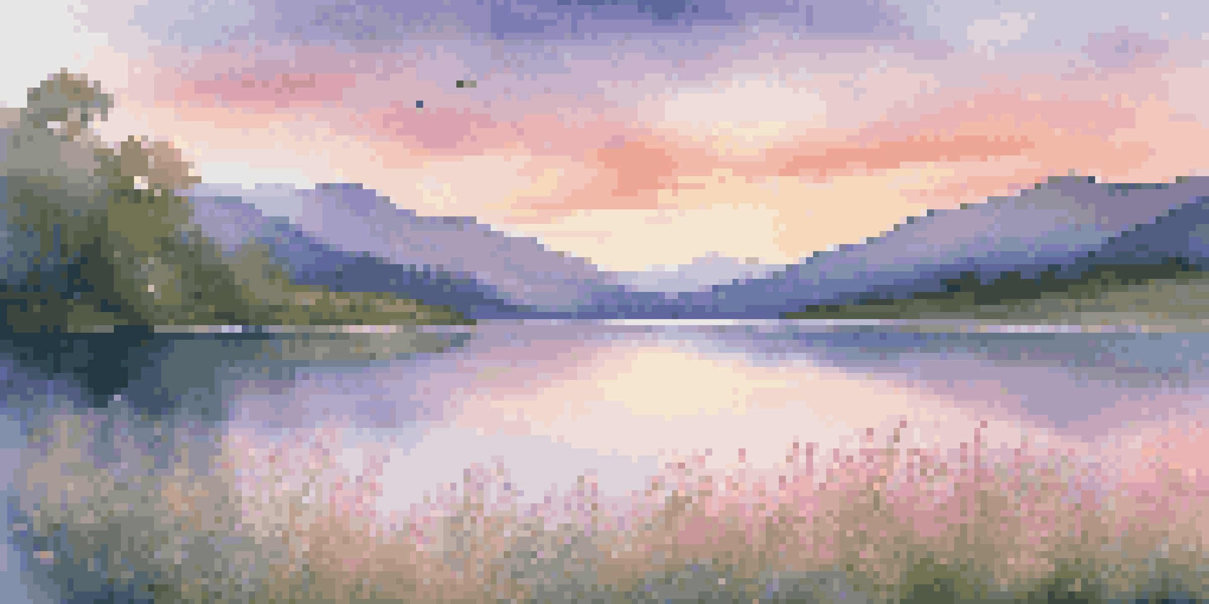A peaceful landscape with a calm lake, green mountains, and a colorful sunset sky, featuring blooming wildflowers in the foreground.