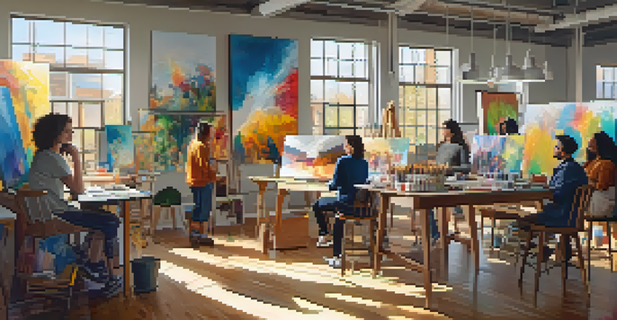 A lively studio with a diverse group of artists collaborating, filled with colorful art supplies and bright sunlight.