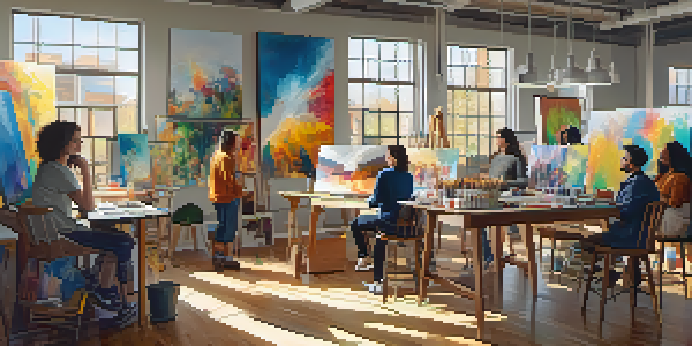 A lively studio with a diverse group of artists collaborating, filled with colorful art supplies and bright sunlight.
