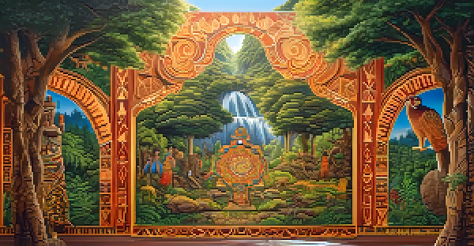 A colorful mural depicting Indigenous art with intricate patterns, surrounded by a forest illuminated by warm sunlight.