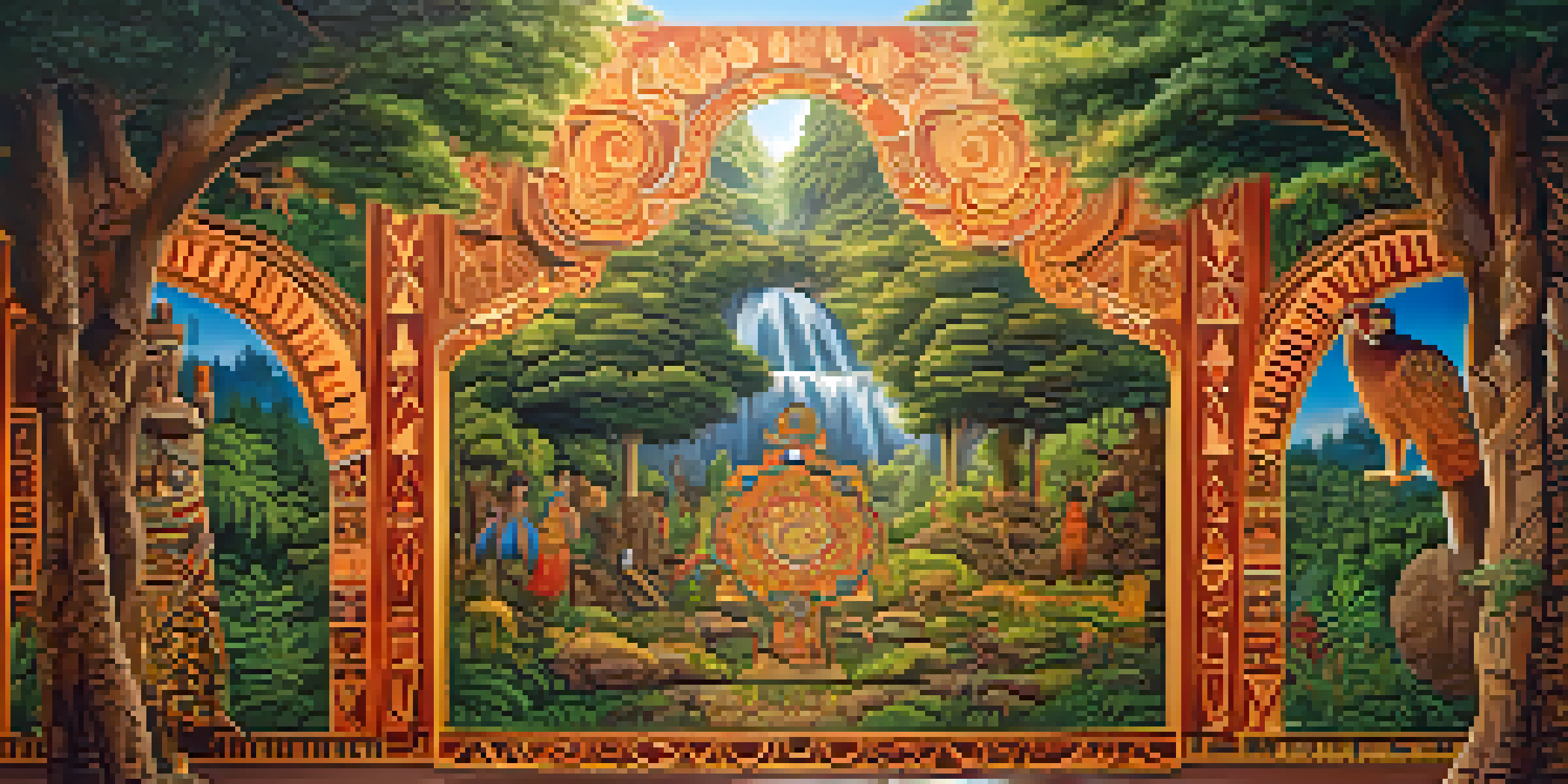 A colorful mural depicting Indigenous art with intricate patterns, surrounded by a forest illuminated by warm sunlight.