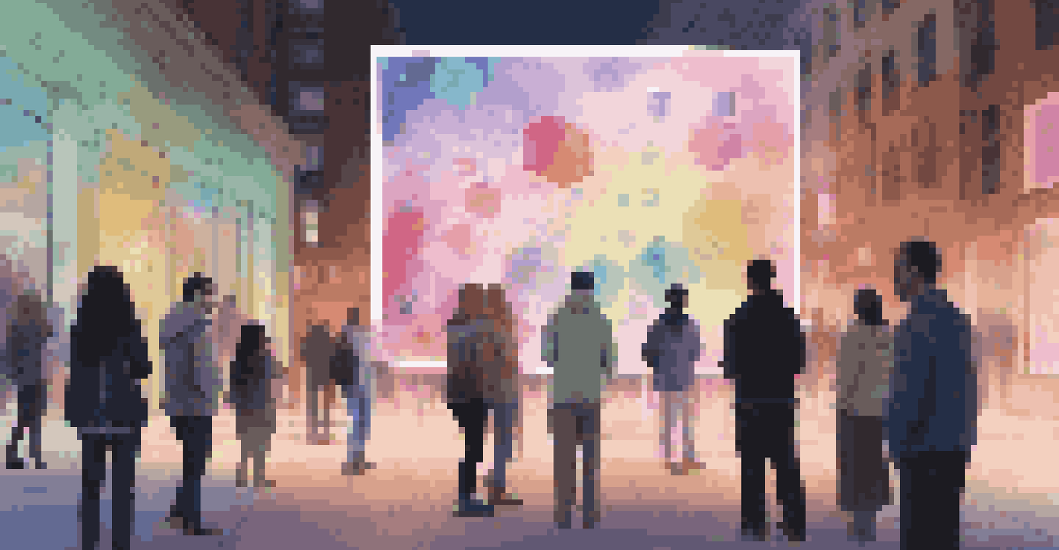 An interactive digital art installation in an urban area at dusk, with bright lights and holographic displays attracting community participation.