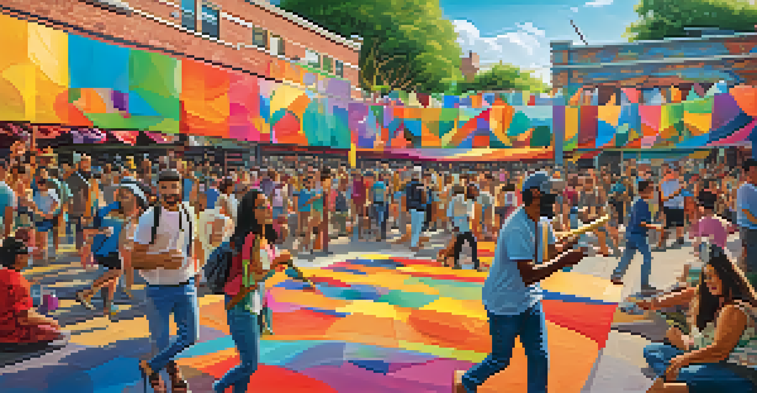 A community art festival scene with people collaboratively painting a colorful mural, surrounded by interactive digital displays.