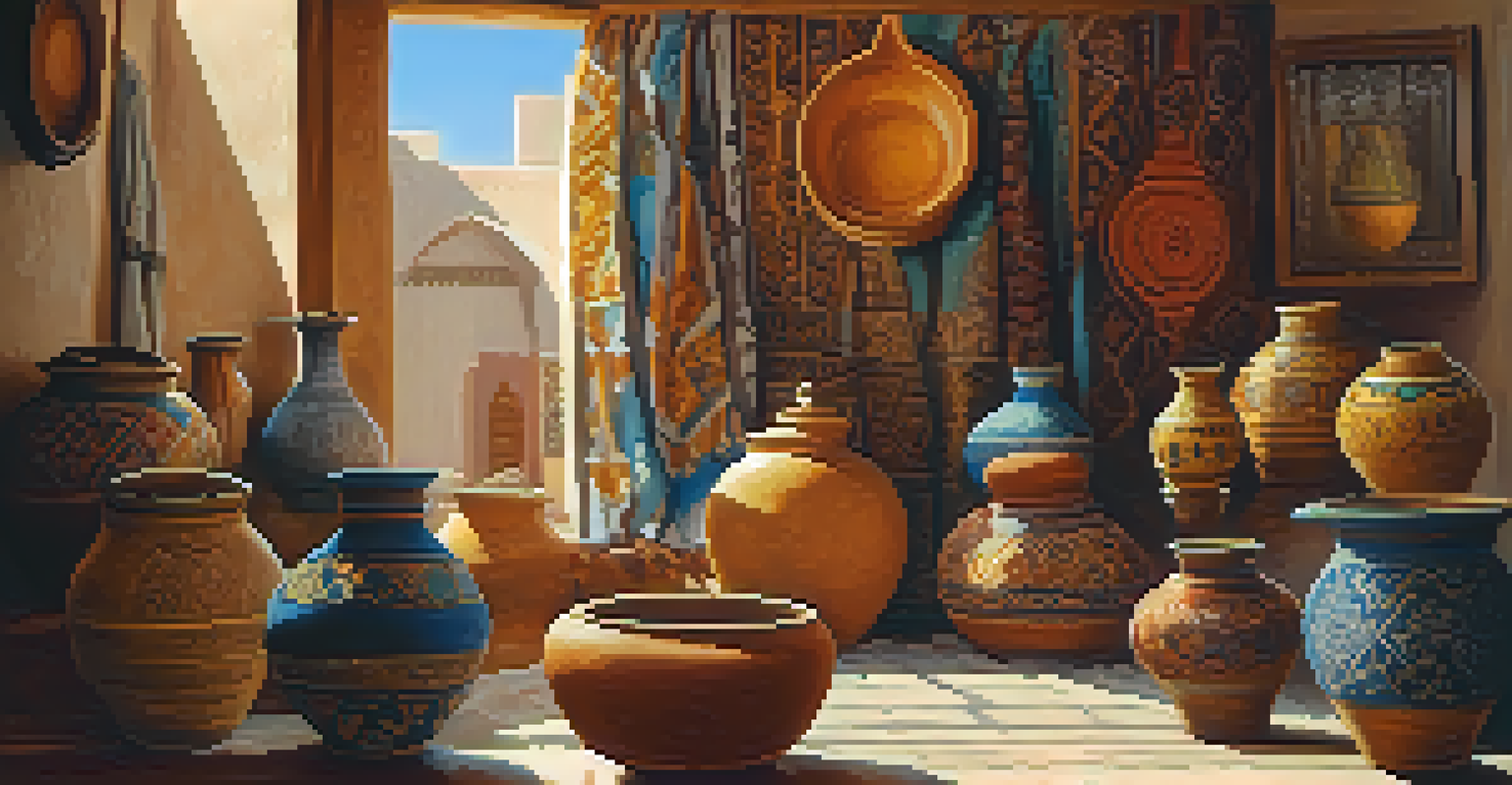 An artist working in a Moroccan workshop surrounded by beautiful pottery and colorful textiles, illuminated by natural light.