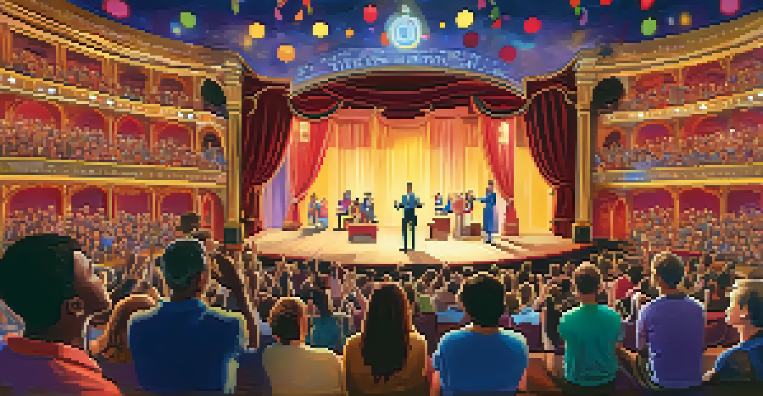 An interactive theater performance with an engaged audience clapping and cheering, surrounded by colorful props and bright stage lighting.